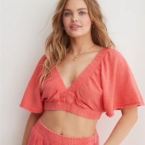 Aerie Pool To Party Set - flutter sleeve top and cargo pants in coral SM AND MED